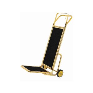 Gold plated steel hotel luggage cart with black panels, designed for efficient baggage handling. A stylish and durable valet cart for luxury hotel amenities.