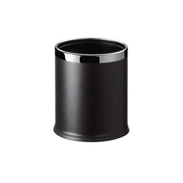 Round black leather hotel waste bin 8 liter with a sleek chrome rim, designed as an indoor waste bin for hotel rooms, offering luxury hotel accessories and amenities.