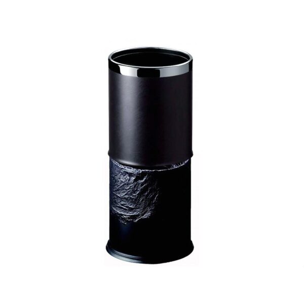 Round black leather hotel waste bin 8 liter with a sleek chrome rim, designed as an indoor waste bin for hotel rooms, offering luxury hotel accessories and amenities.