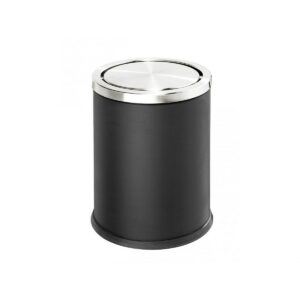 Round hotel waste bin with a sleek anthracite body and polished stainless steel lid, perfect for hotel rooms, guest rooms, and luxury hotel amenities.