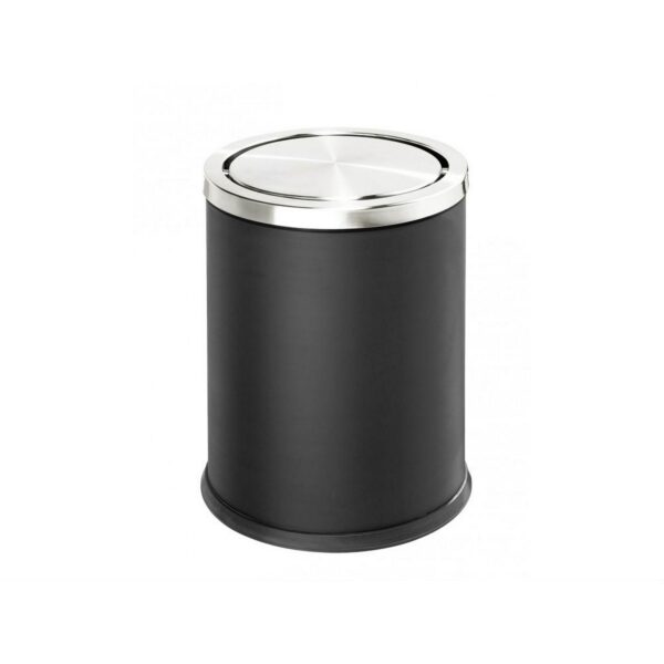 Round hotel waste bin with a sleek anthracite body and polished stainless steel lid, perfect for hotel rooms, guest rooms, and luxury hotel amenities.