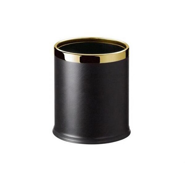 Elegant black leather hotel waste bin 8 liter with a luxurious gold rim, perfect for hotel rooms and guest spaces. Ideal for indoor waste management in luxury hotels.