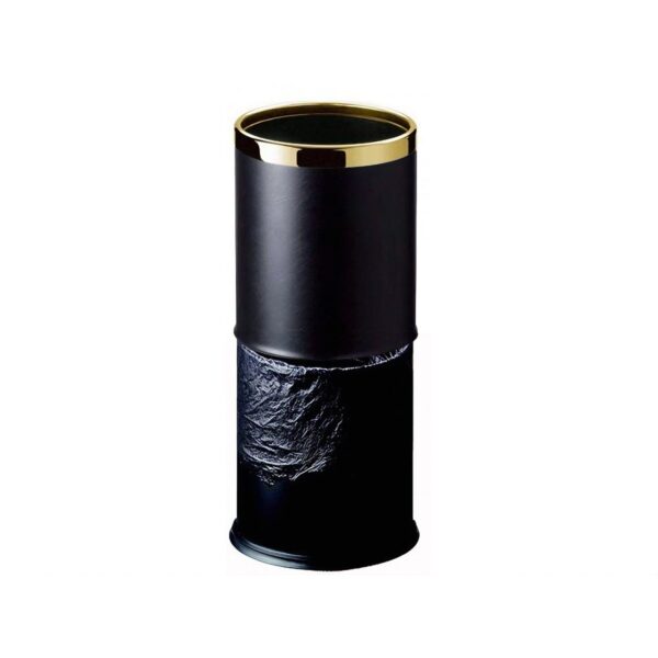 Elegant black leather hotel waste bin 8 liter with a luxurious gold rim, perfect for hotel rooms and guest spaces. Ideal for indoor waste management in luxury hotels.