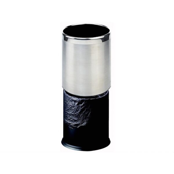 Round brushed steel hotel waste bin 8 liter with a sleek chrome rim, designed as an indoor waste bin for hotel rooms, offering luxury hotel accessories and amenities.