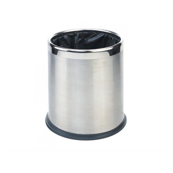 Round brushed steel hotel waste bin 8 liter with a sleek chrome rim, designed as an indoor waste bin for hotel rooms, offering luxury hotel accessories and amenities.