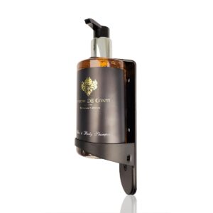 Vittore De Conti shampoo bottle in a sleek black dispenser for luxury hotel cosmetics and guest toiletries, mounted on a modern black stainless steel wall holder, perfect for enhancing hotel amenities.