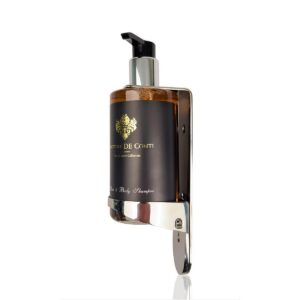 Vittore De Conti shampoo bottle in a sleek black dispenser for luxury hotel cosmetics and guest toiletries, mounted on a modern chrome stainless steel wall holder, perfect for enhancing hotel amenities.