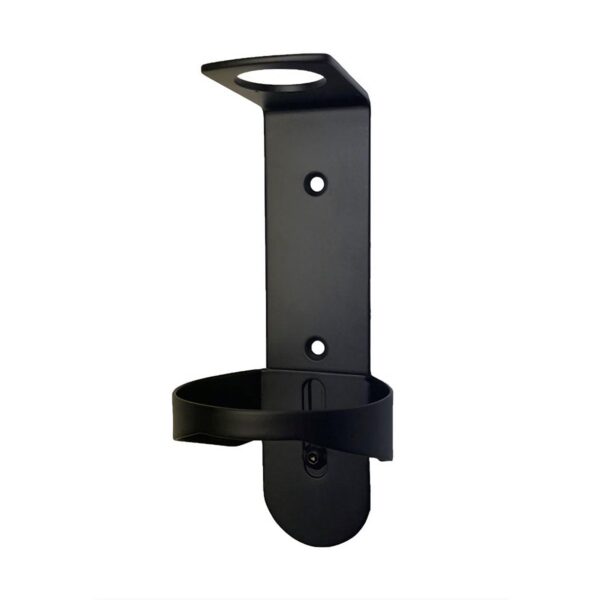 Minimalist black stainless steel wall-mounted holder designed for luxury hotel toiletries, providing a stylish and functional solution for displaying guest toiletries as part of premium hotel amenities.