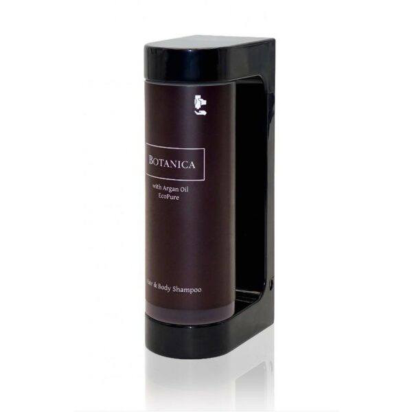 Minimalist glossy black wall-mounted holder designed for easy press luxury hotel toiletries, providing a stylish and functional solution for displaying guest toiletries as part of premium hotel amenities.