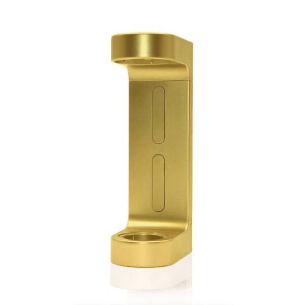 A minimalist golden colored wall-mounted holder designed for easy press dispenser luxury hotel toiletries provides a stylish and functional solution for displaying guest toiletries as part of premium hotel amenities.