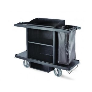 Open-design hotel housekeeping cart with spacious shelves, black frame, and side laundry bag. Durable and functional housekeeping trolley for hotels.