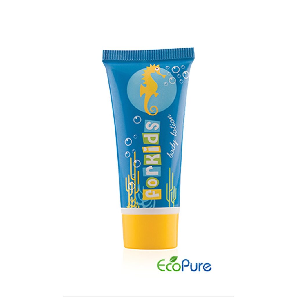 For Kids luxury hotel body lotion in a vibrant blue tube 20 ml with a playful seahorse design. A premium guest toiletry for family-friendly hotel amenities.