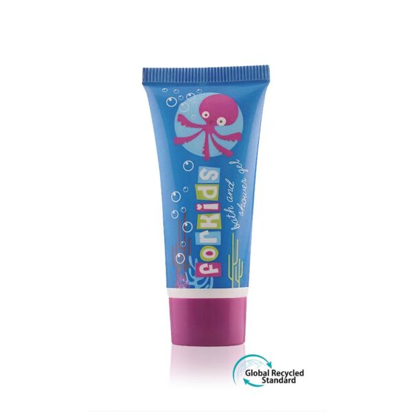 For Kids luxury hotel body wash bath shower gel in a vibrant blue tube 20 ml with a playful octopus design. A premium guest toiletry for family-friendly hotel amenities.