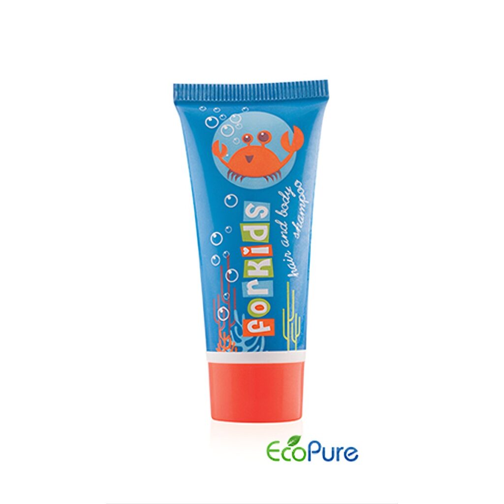 For Kids luxury hotel shampoo and body wash in a vibrant blue tube 20 ml with a playful crab design. A premium guest toiletry for family-friendly hotel amenities.