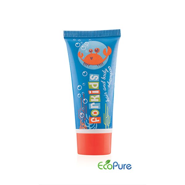 For Kids luxury hotel shampoo and body wash in a vibrant blue tube 20 ml with a playful crab design. A premium guest toiletry for family-friendly hotel amenities.