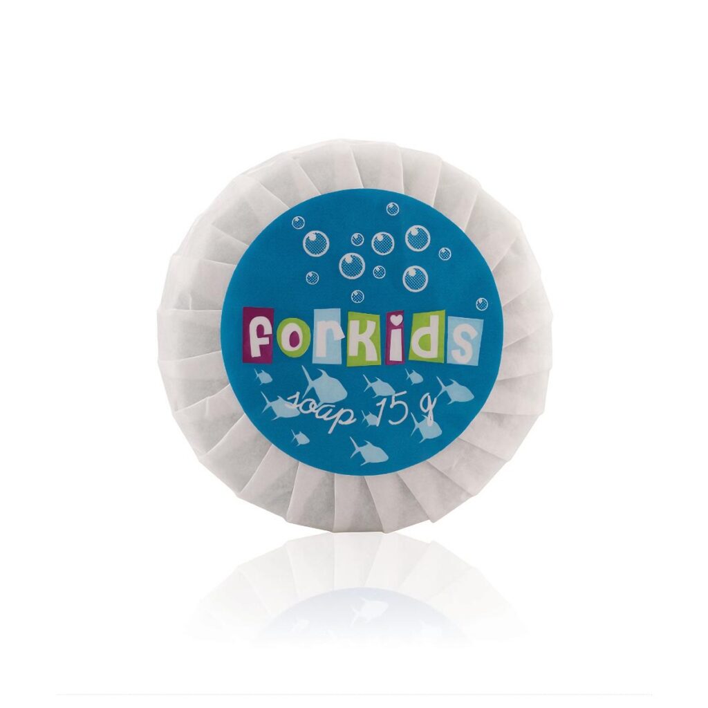 Individually wrapped ForKids hotel soap 15 grams with a fun underwater design. A high-quality guest toiletry perfect for luxury hotel cosmetics and amenities.