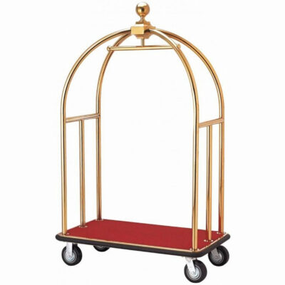 Luxurious hotel luggage trolley cart with a gold color steel frame and vibrant red base, ideal for hotel lobbies. Enhances guest comfort and elevates the elegance of luxury hotel amenities.