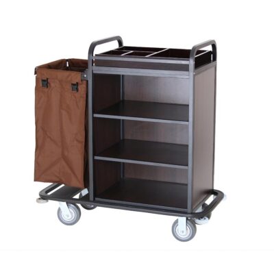 Wooden-style hotel housekeeping cart with three open shelves, a brown laundry bag, and sturdy wheels. Premium hotel equipment for seamless housekeeping.