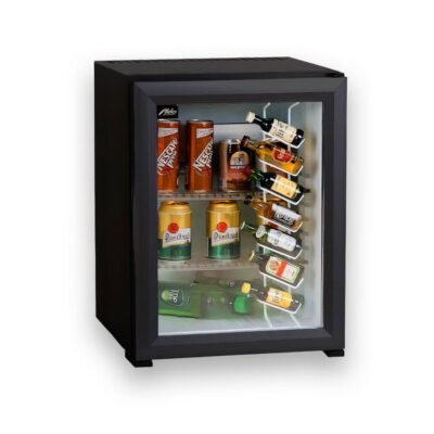 Hotel room minibar fridge, 30 liters, black color and glass transparent door, stylish, stocked with soft drinks, beers, and miniature liquor bottles. A luxury hotel room appliance for guest comfort and convenient access to refreshments, enhancing overall hotel amenities.